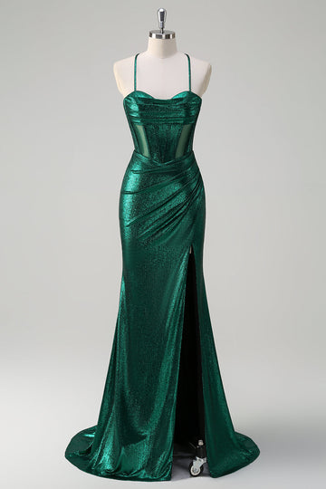 Glitter verde scuro sirena corsetto increspato metallico Abito da cerimonia con fessura